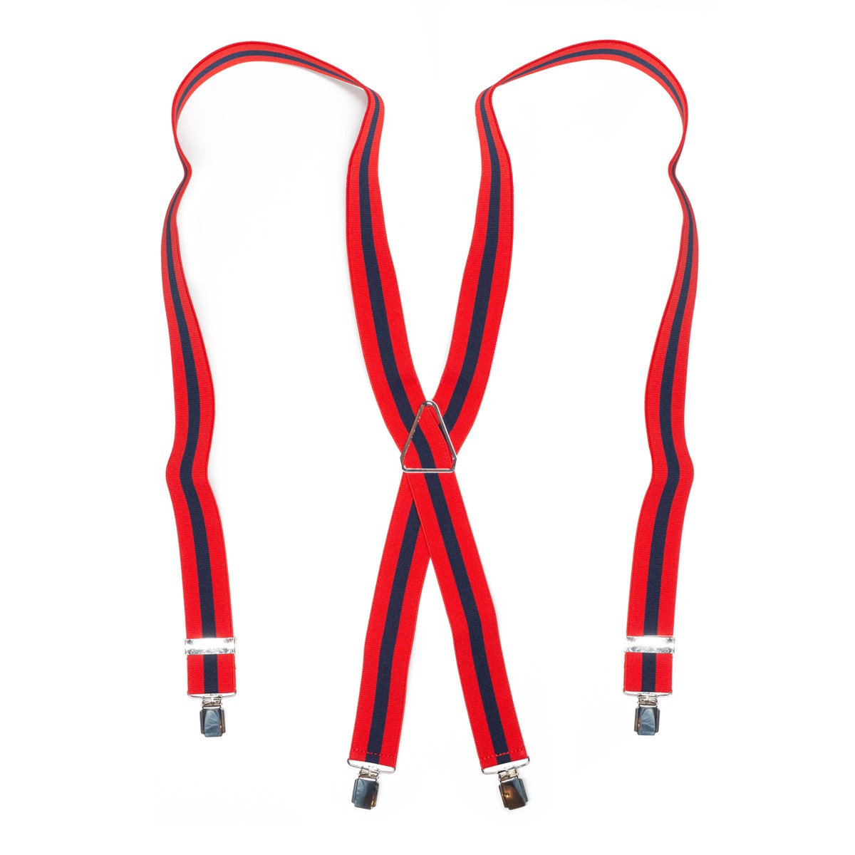 Suspender - stripes navy/red - X model - 35mm - no leather - big silver clips - metal triangle