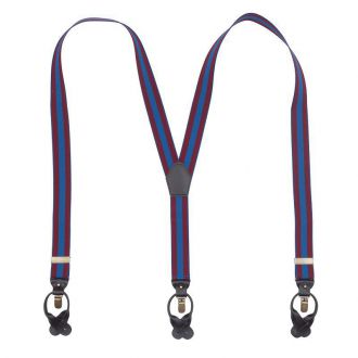 Suspender - stripes burgundy/blue - Y model - 35mm - dark brown leather - copper clips - SYT001
