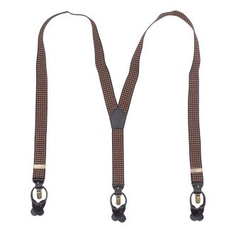 Suspender - pied de poule brown/khaki - Y model - 35mm - dark brown leather - copper clips - SYT001