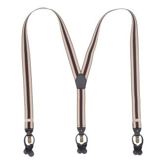 Suspender - stripes khaki/brown - Y model - 35mm - dark brown leather - copper clips - SYT001