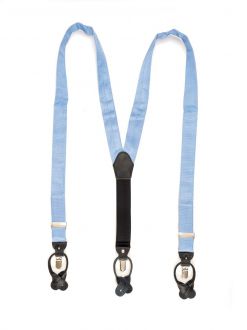 Suspender - silk - light blue - Y model - 35mm - black leather - silver clips 