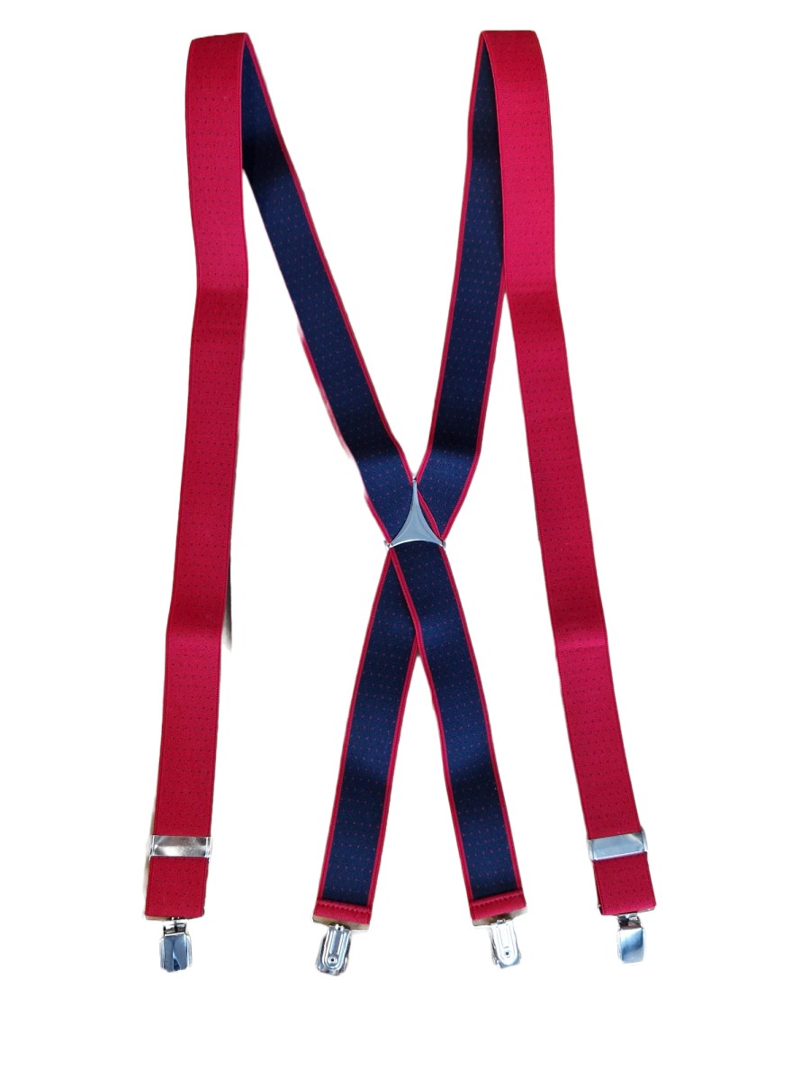 Suspender - dots red/navy - X model - 35mm - no leather - big silver clips - metal triangle