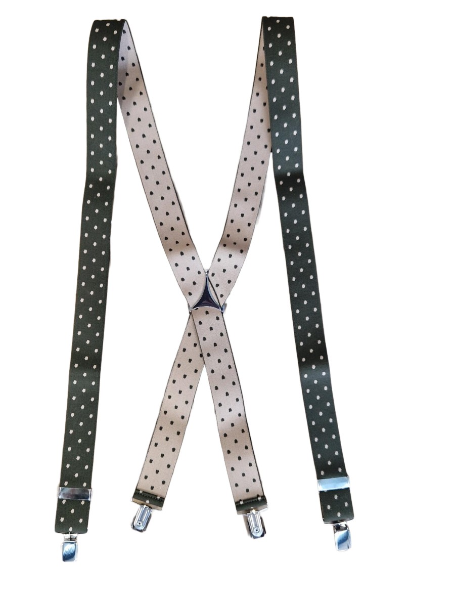 Suspender - green/khaki dots - X model - 35mm - no leather - big silver clips - metal triangle