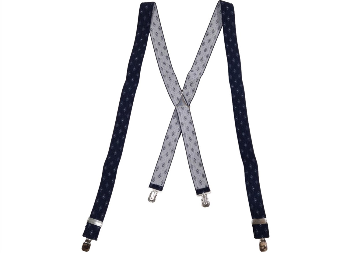 Suspender - navy diamond - X model - 35mm - no leather - big silver clips - metal triangle